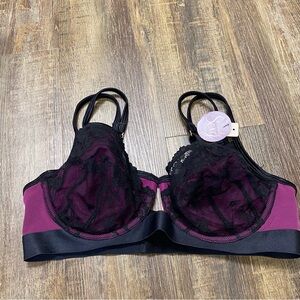 Cacique Elegant Black and Purple Lace Bra Seriously Sexy Collection‎ Size 38D